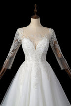Glamorous White Illusion Neck Lace & Tulle Wedding Dress with Cathedral Train SW709