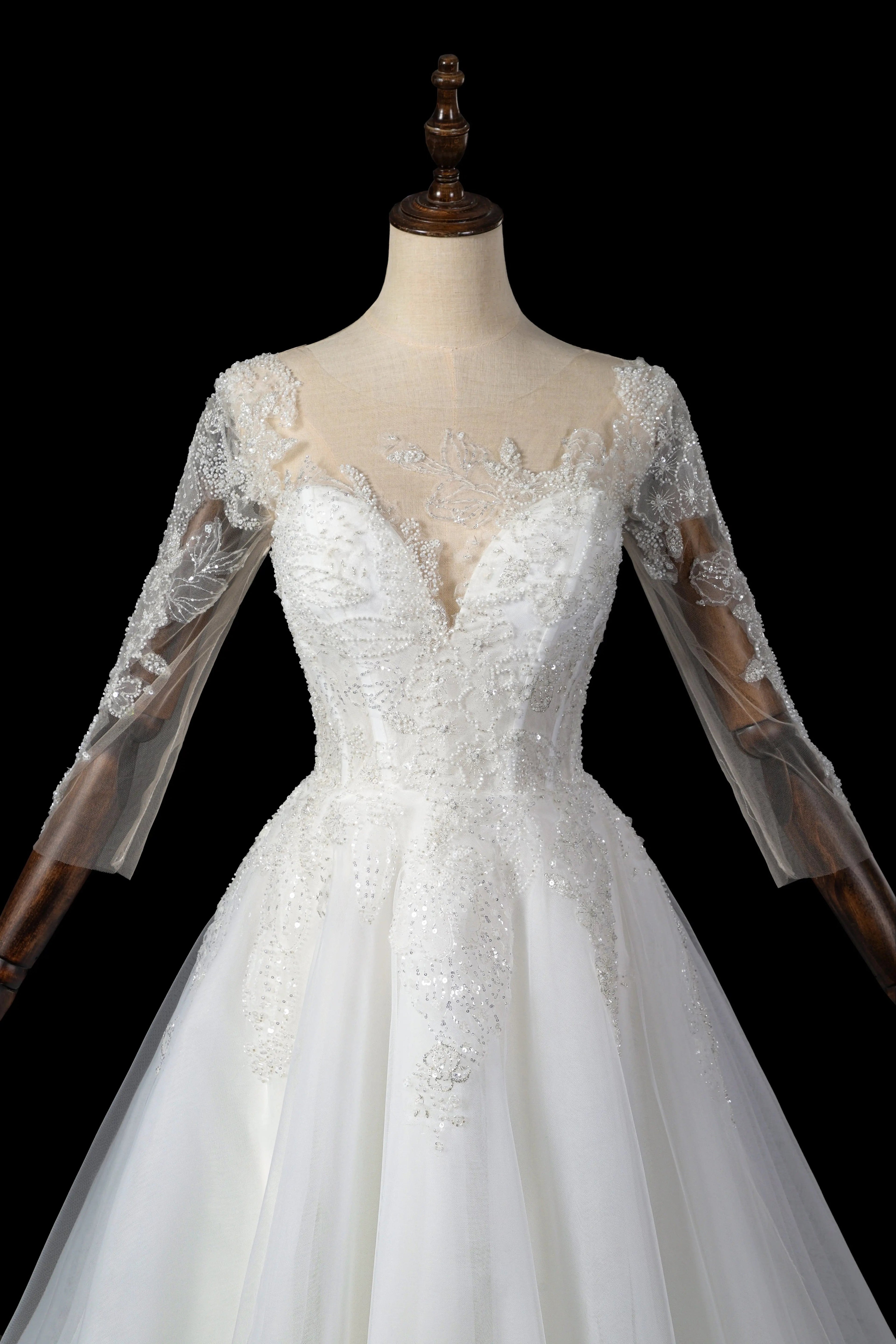Glamorous White Illusion Neck Lace & Tulle Wedding Dress with Cathedral Train SW709