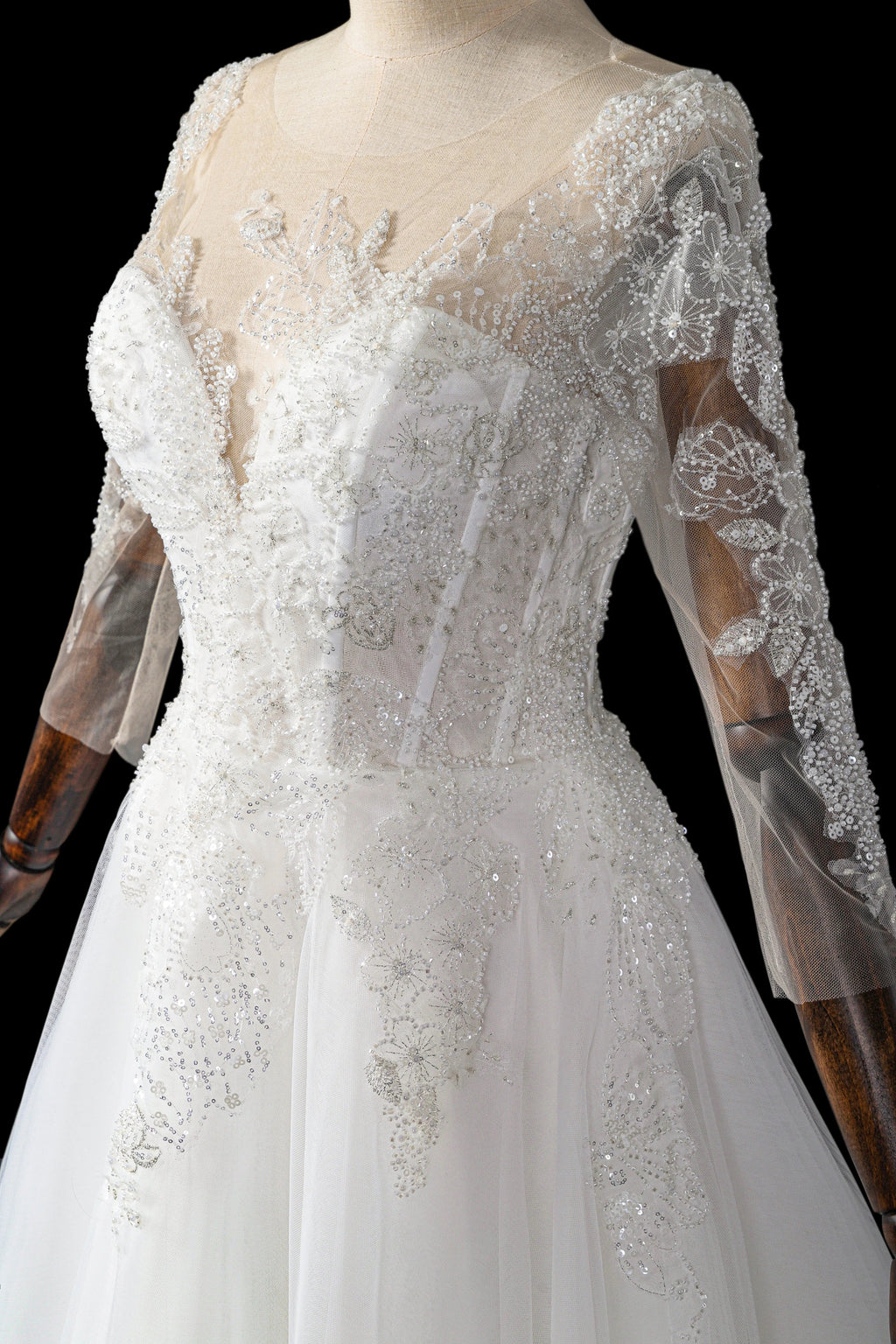 Glamorous White Illusion Neck Lace & Tulle Wedding Dress with Cathedral Train SW709