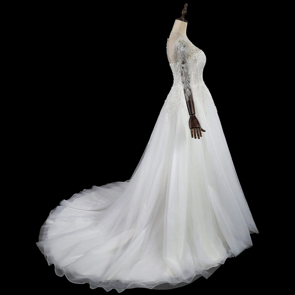 Glamorous White Illusion Neck Lace & Tulle Wedding Dress with Cathedral Train SW709