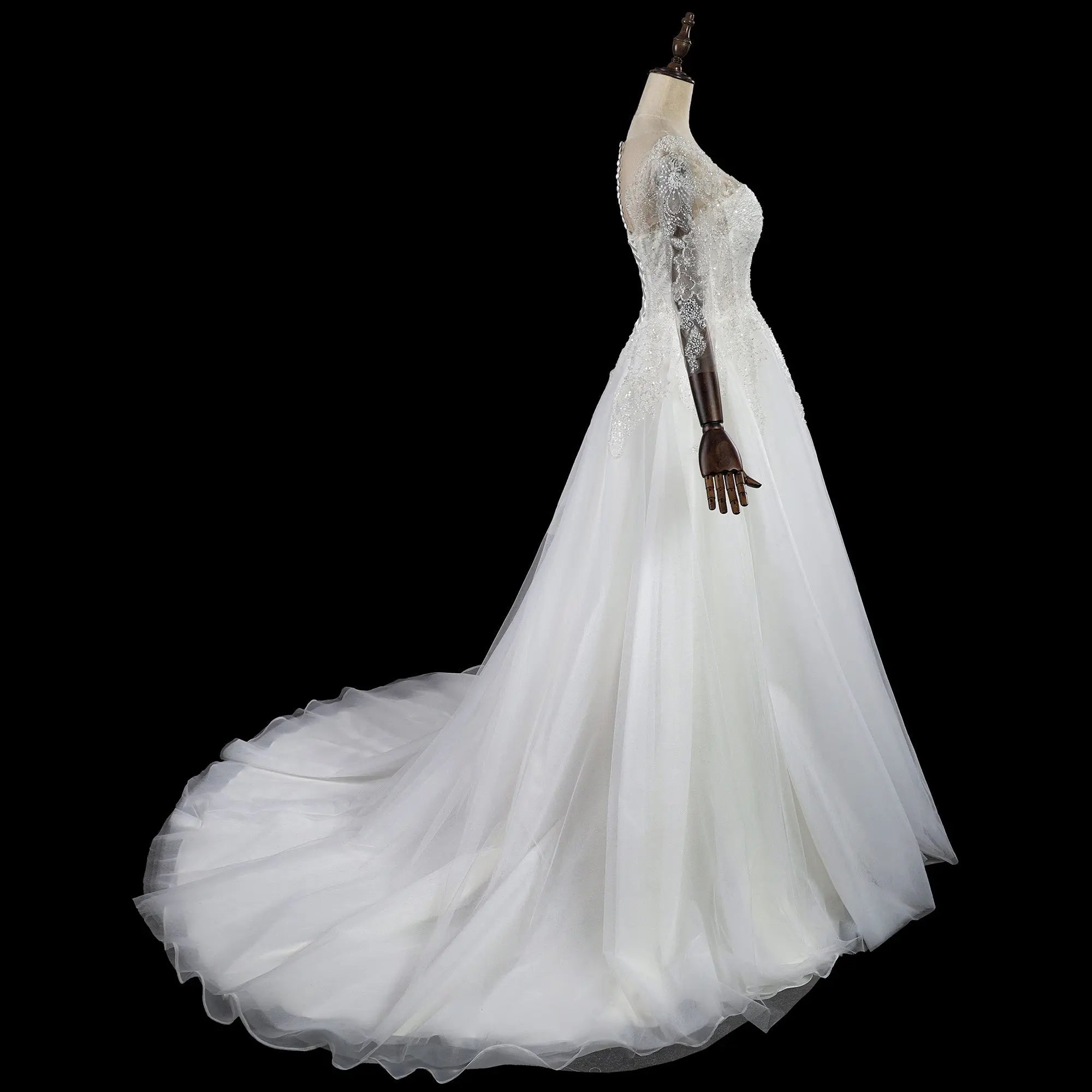 Glamorous White Illusion Neck Lace & Tulle Wedding Dress with Cathedral Train SW709