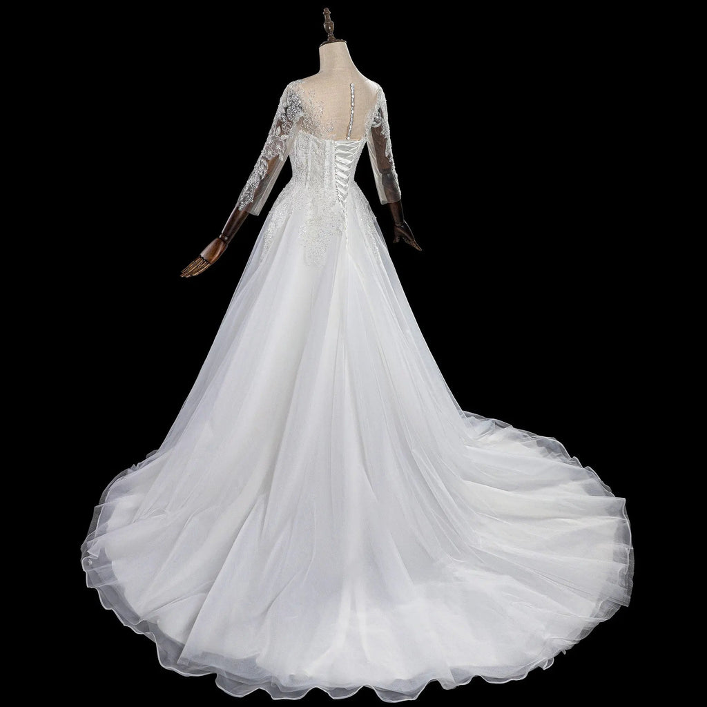 Glamorous White Illusion Neck Lace & Tulle Wedding Dress with Cathedral Train SW709