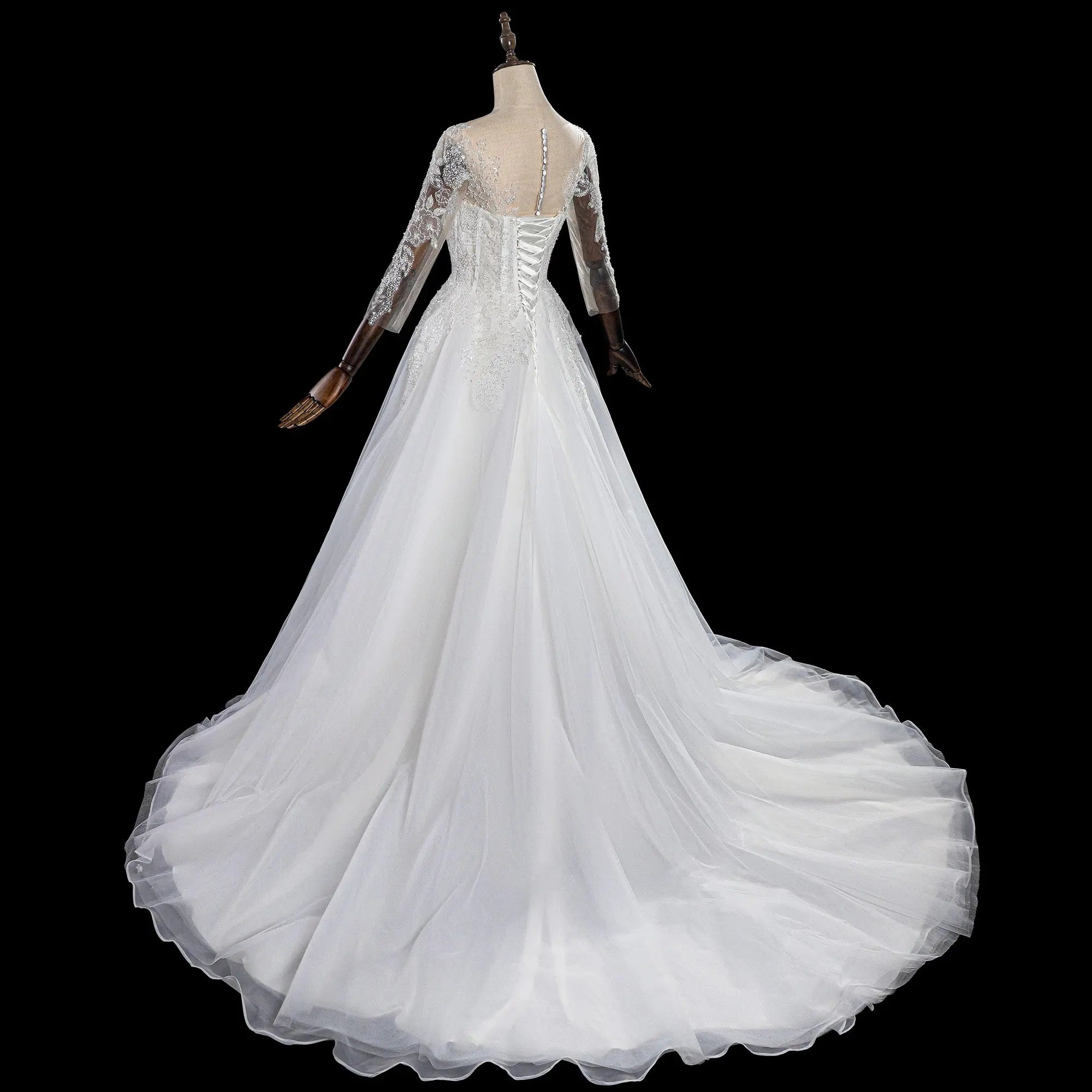 Glamorous White Illusion Neck Lace & Tulle Wedding Dress with Cathedral Train SW709