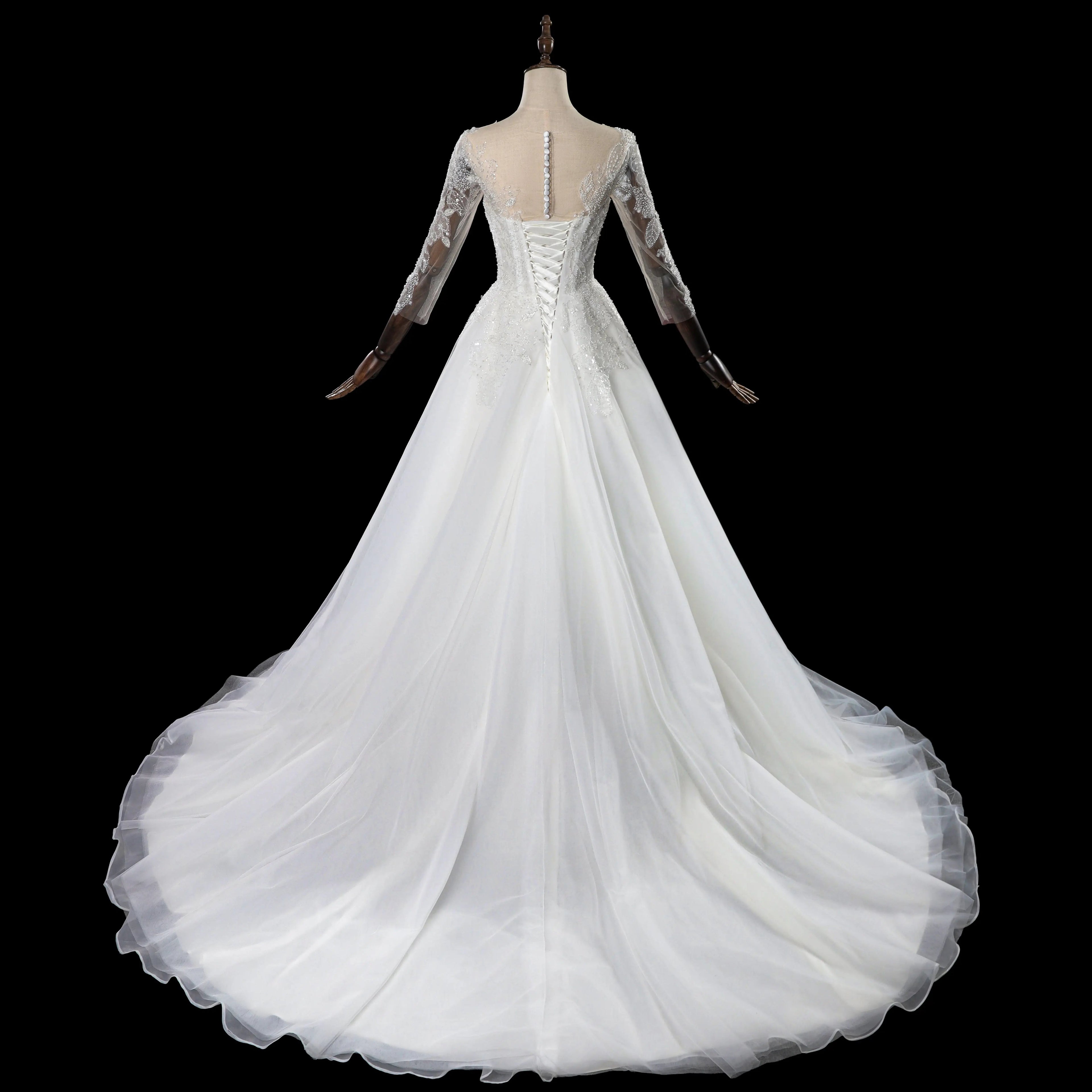 Glamorous White Illusion Neck Lace & Tulle Wedding Dress with Cathedral Train SW709