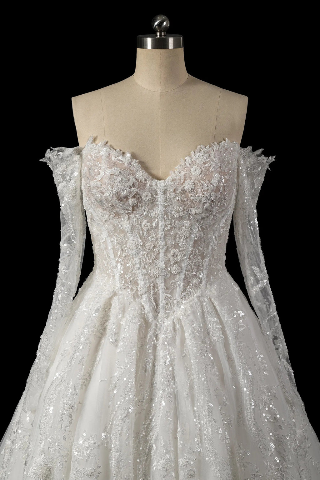 Luxury White Off-the-Shoulder Long Sleeve Lace Tulle Ball Gown Wedding Dress SW702