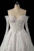 Luxury White Off-the-Shoulder Long Sleeve Lace Tulle Ball Gown Wedding Dress SW702
