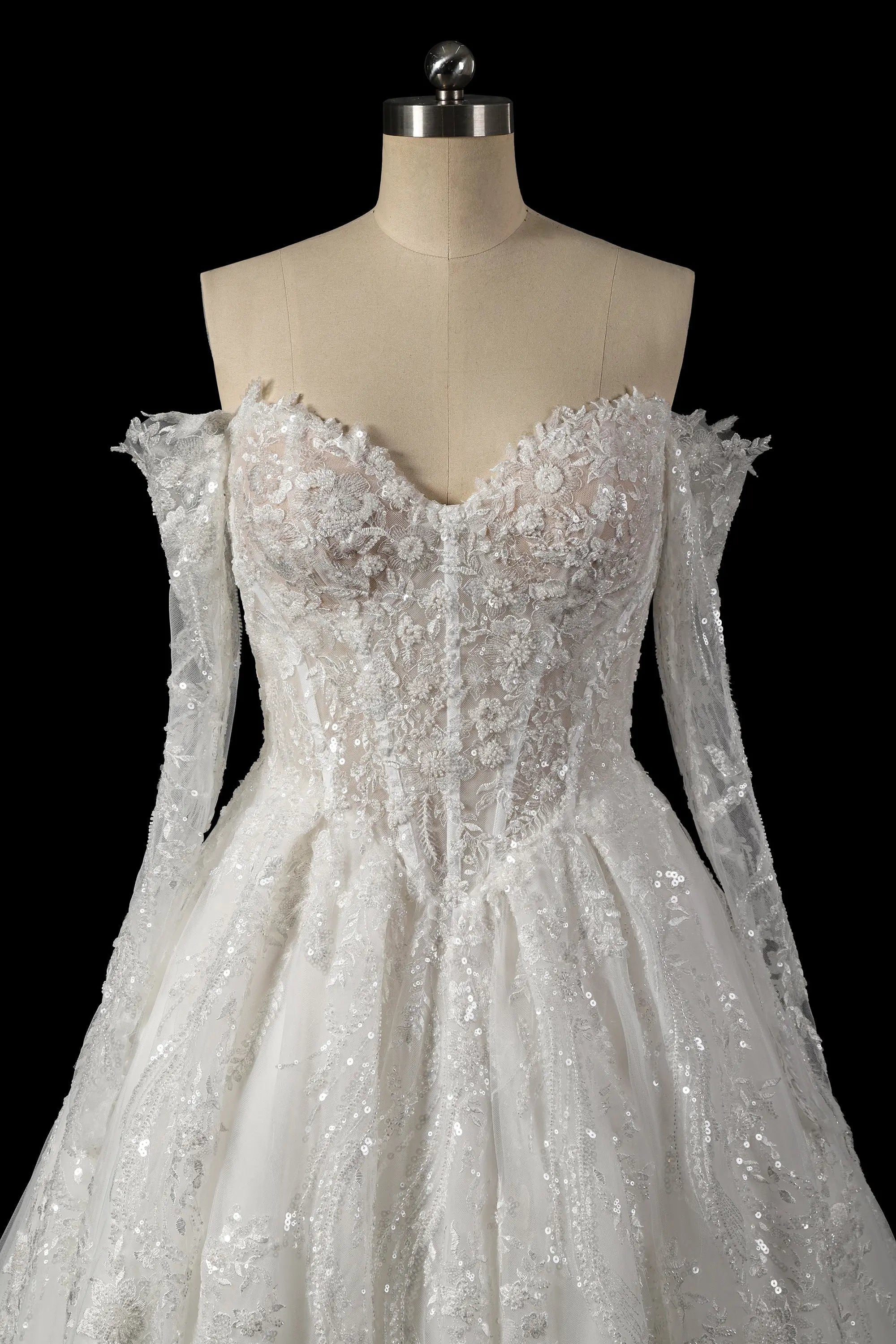 Luxury White Off-the-Shoulder Long Sleeve Lace Tulle Ball Gown Wedding Dress SW702