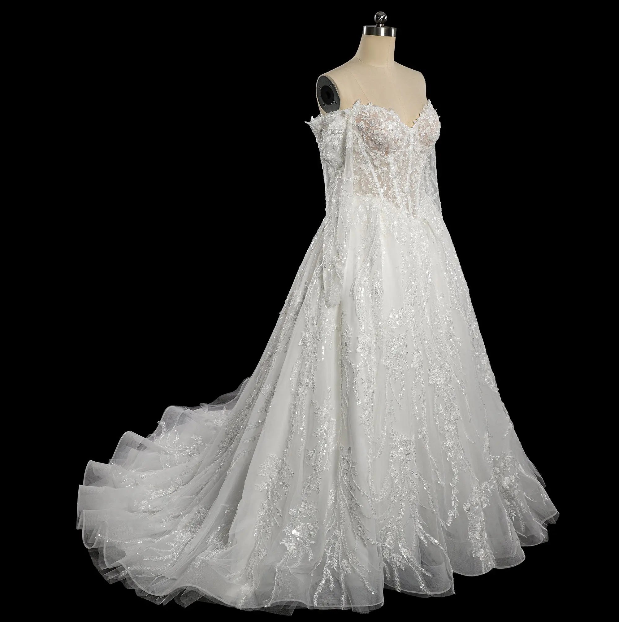 Luxury White Off-the-Shoulder Long Sleeve Lace Tulle Ball Gown Wedding Dress SW702