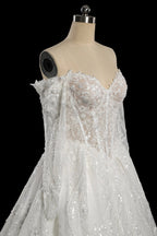 Luxury White Off-the-Shoulder Long Sleeve Lace Tulle Ball Gown Wedding Dress SW702