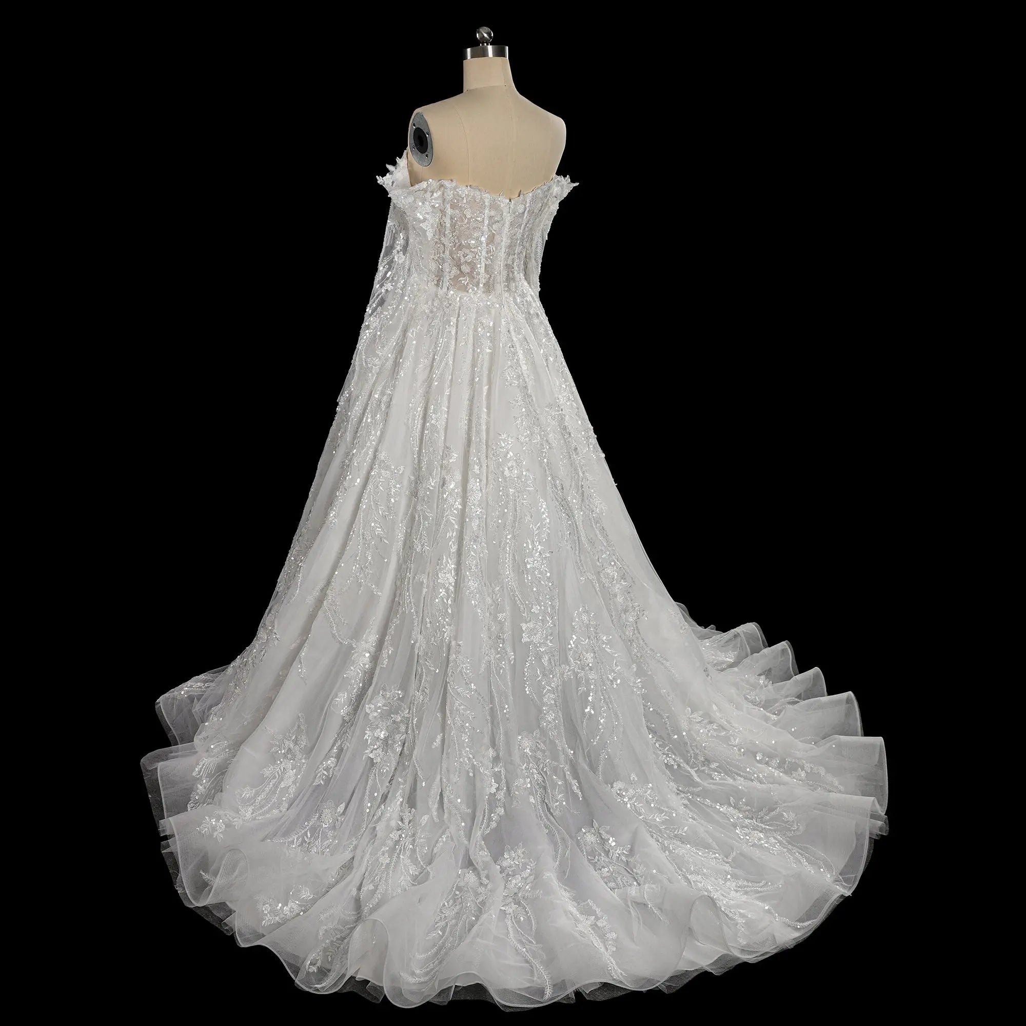 Luxury White Off-the-Shoulder Long Sleeve Lace Tulle Ball Gown Wedding Dress SW702