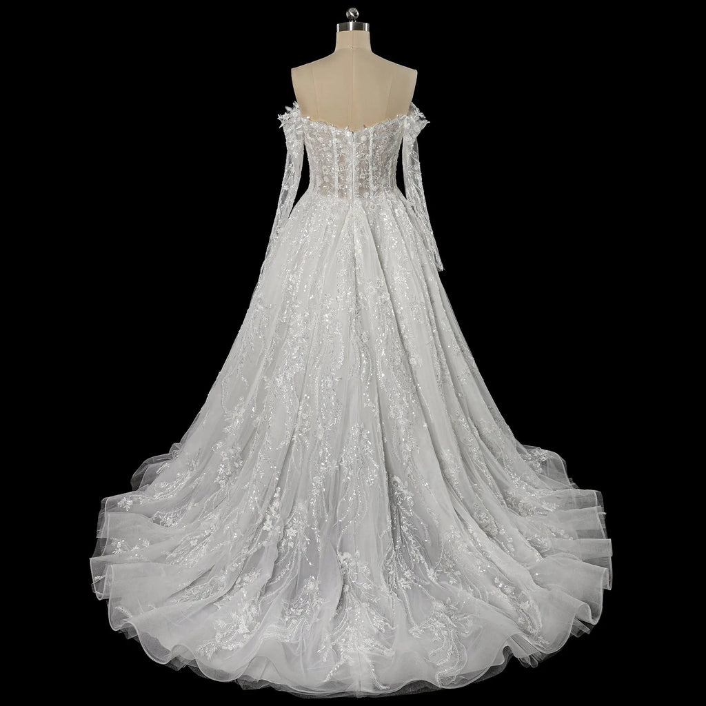 Luxury White Off-the-Shoulder Long Sleeve Lace Tulle Ball Gown Wedding Dress SW702