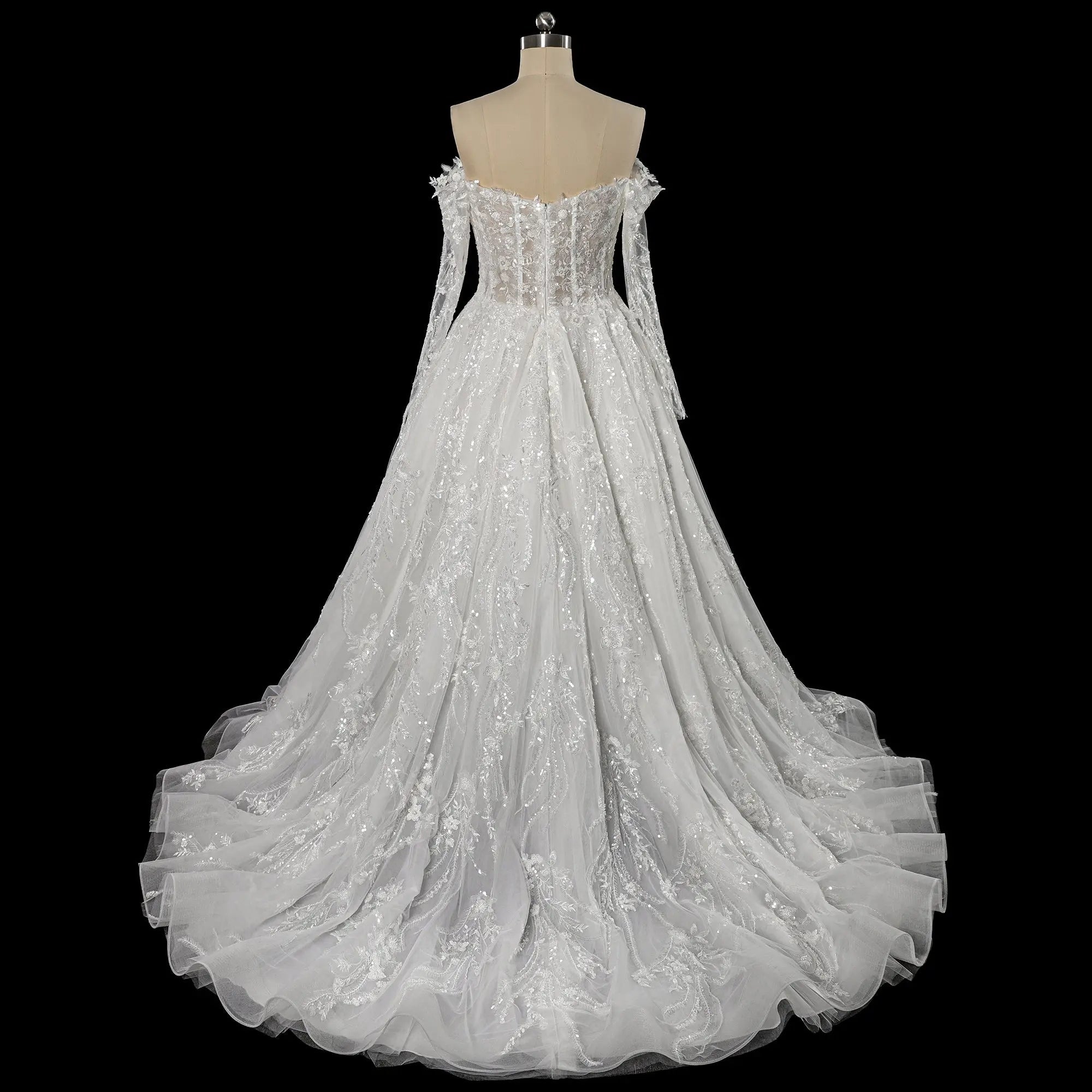 Luxury White Off-the-Shoulder Long Sleeve Lace Tulle Ball Gown Wedding Dress SW702