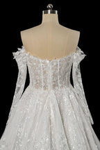 Luxury White Off-the-Shoulder Long Sleeve Lace Tulle Ball Gown Wedding Dress SW702