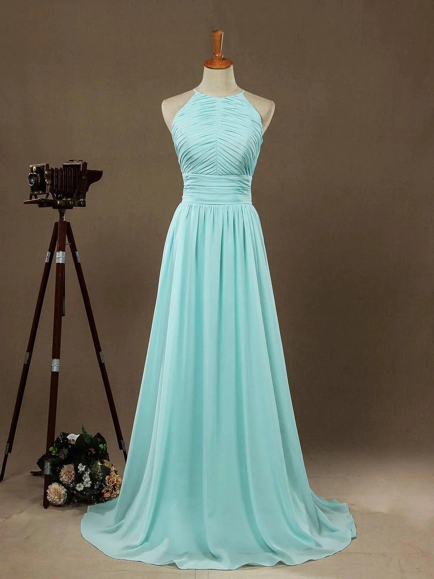 Chiffon Floor Length Prom Dresses A-Line Halter Open Back Pleats by DressbLee