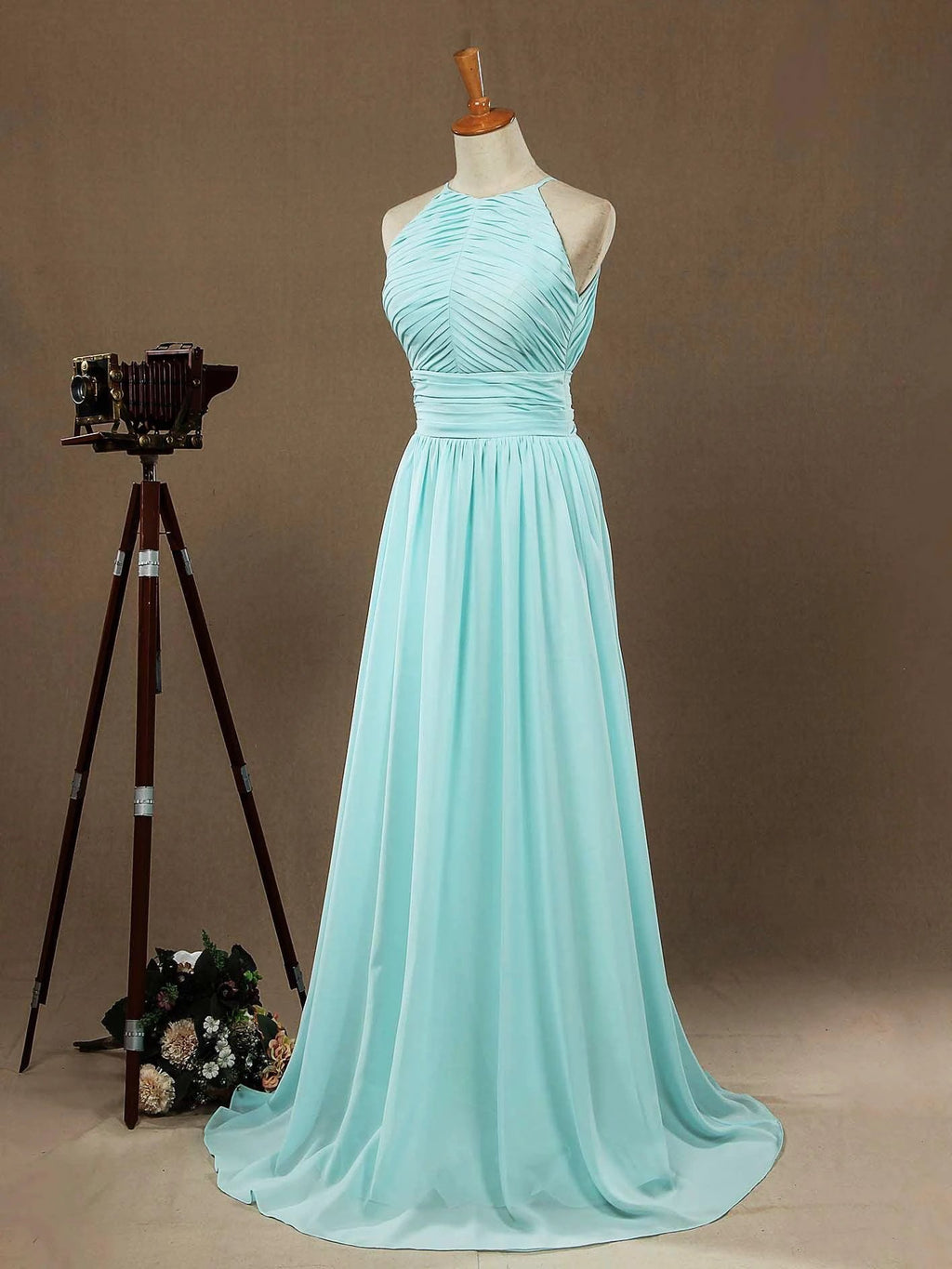 Chiffon Floor Length Prom Dresses A-Line Halter Open Back Pleats by DressbLee