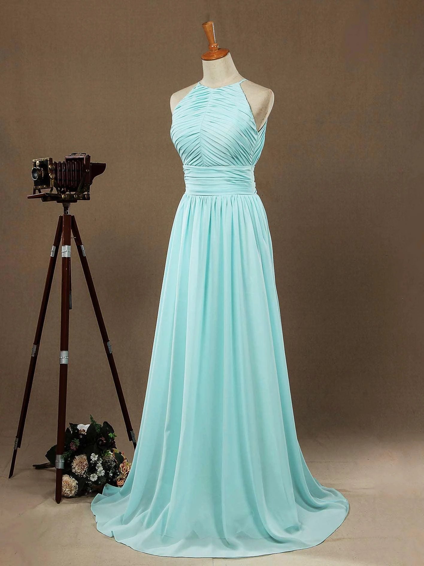 Chiffon Floor Length Prom Dresses A-Line Halter Open Back Pleats by DressbLee