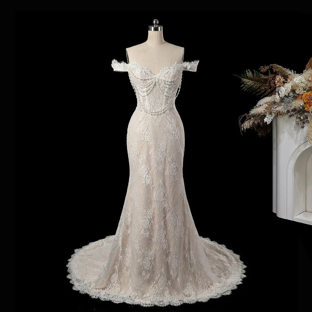 Opulent Ivory Off-the-Shoulder Beaded Lace Tulle Ball Gown Wedding Dress SW177