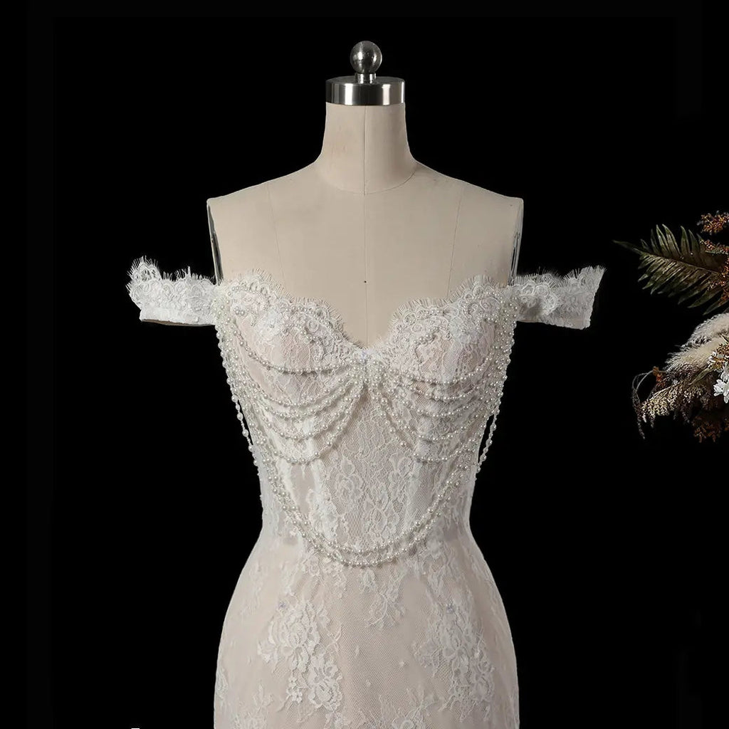 Opulent Ivory Off-the-Shoulder Beaded Lace Tulle Ball Gown Wedding Dress SW177