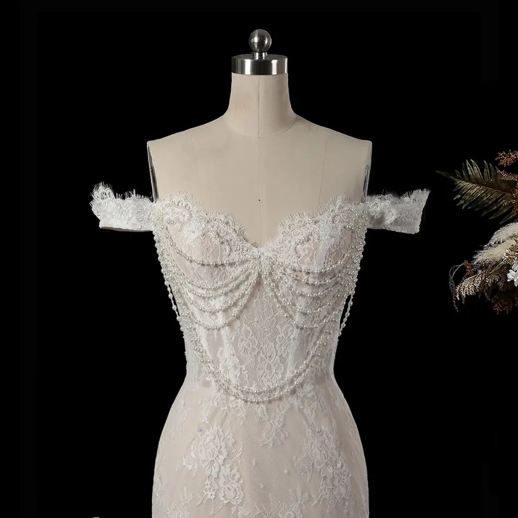 Opulent Ivory Off-the-Shoulder Beaded Lace Tulle Ball Gown Wedding Dress SW177