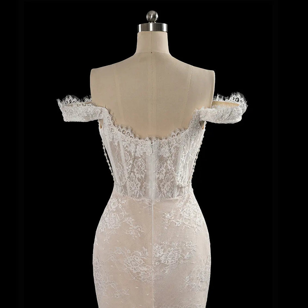 Opulent Ivory Off-the-Shoulder Beaded Lace Tulle Ball Gown Wedding Dress SW177