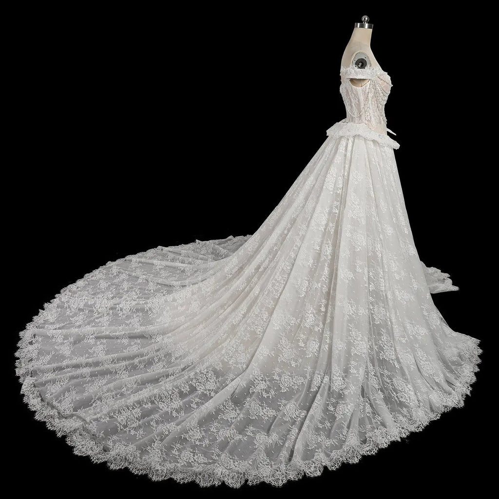 Opulent Ivory Off-the-Shoulder Beaded Lace Tulle Ball Gown Wedding Dress SW177