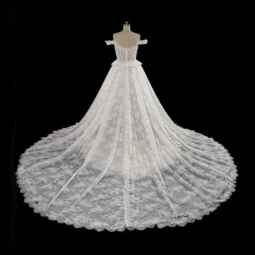 Opulent Ivory Off-the-Shoulder Beaded Lace Tulle Ball Gown Wedding Dress SW177