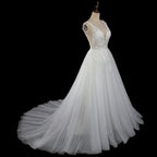 Dreamy White Glitter Tulle Wedding Dress with Lace Bodice and Corset Back SW710