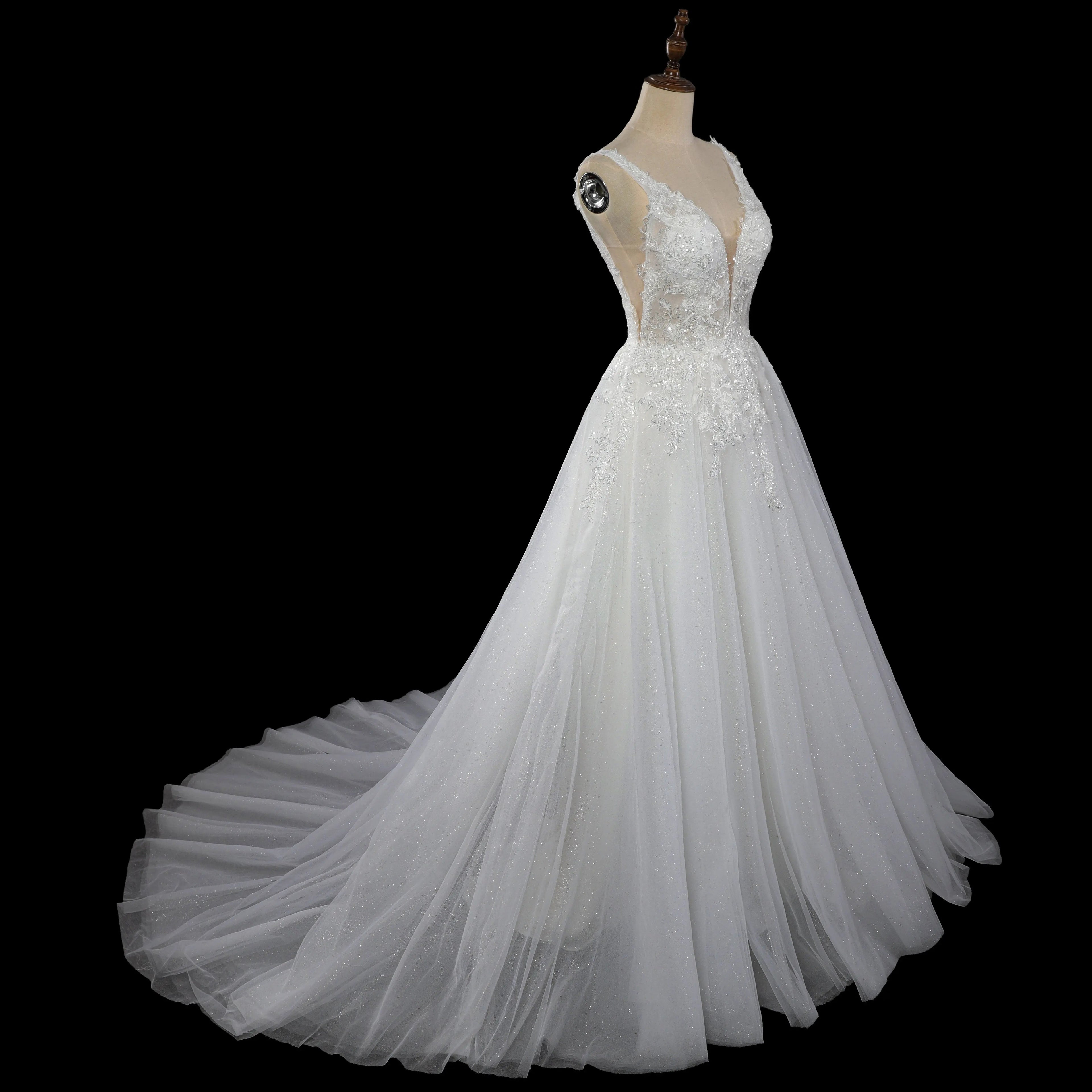 Dreamy White Glitter Tulle Wedding Dress with Lace Bodice and Corset Back SW710