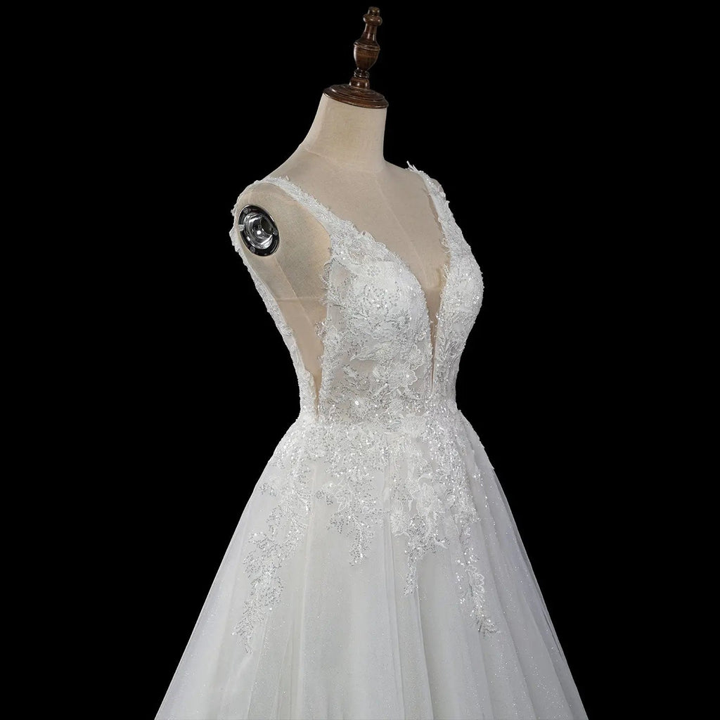 Dreamy White Glitter Tulle Wedding Dress with Lace Bodice and Corset Back SW710