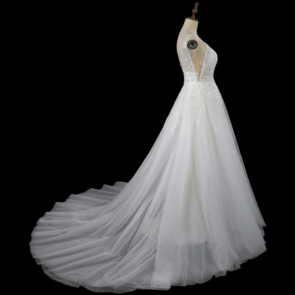 Dreamy White Glitter Tulle Wedding Dress with Lace Bodice and Corset Back SW710