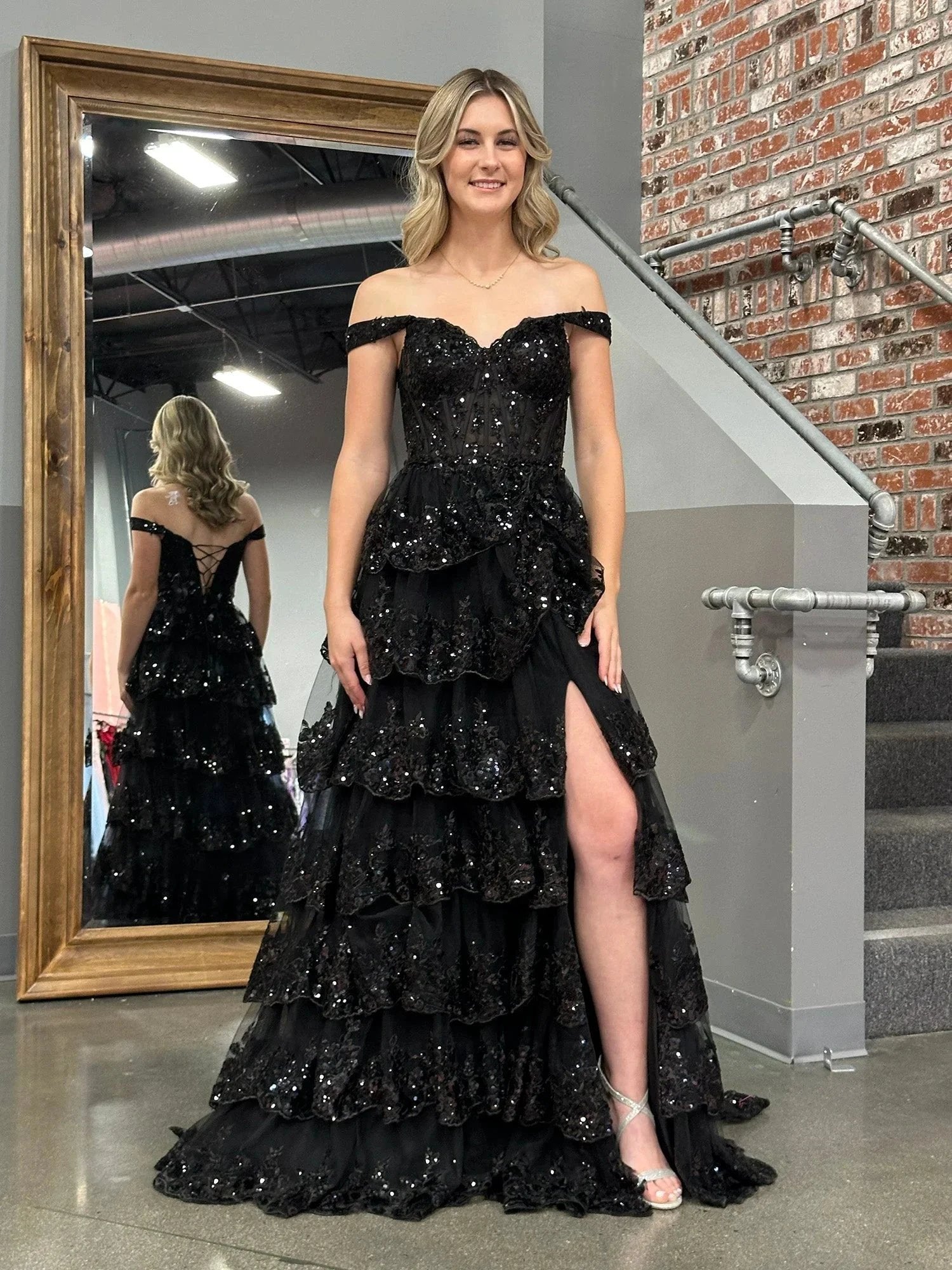 Princess A Line Off the Shoulder Corset Prom Dress with Lace Ruffles by KissProm