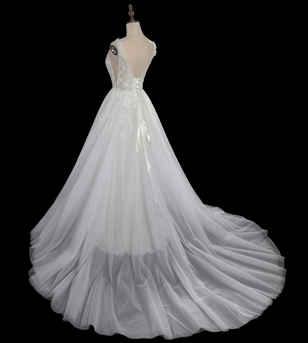 Dreamy White Glitter Tulle Wedding Dress with Lace Bodice and Corset Back SW710