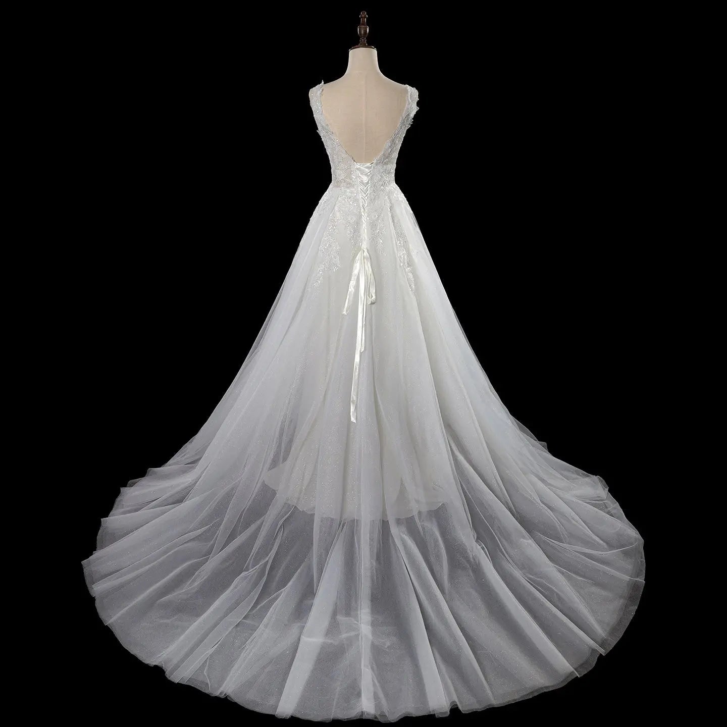 Dreamy White Glitter Tulle Wedding Dress with Lace Bodice and Corset Back SW710