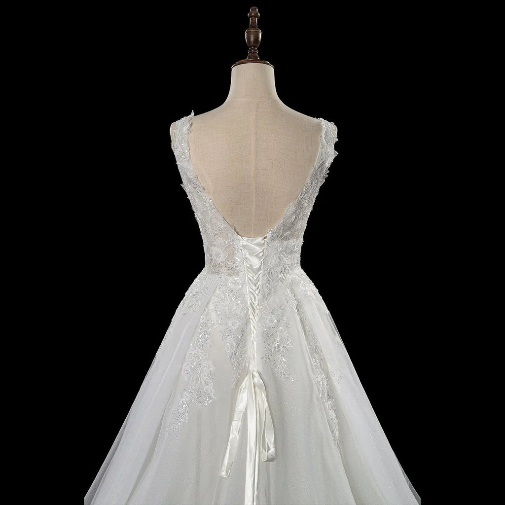 Dreamy White Glitter Tulle Wedding Dress with Lace Bodice and Corset Back SW710