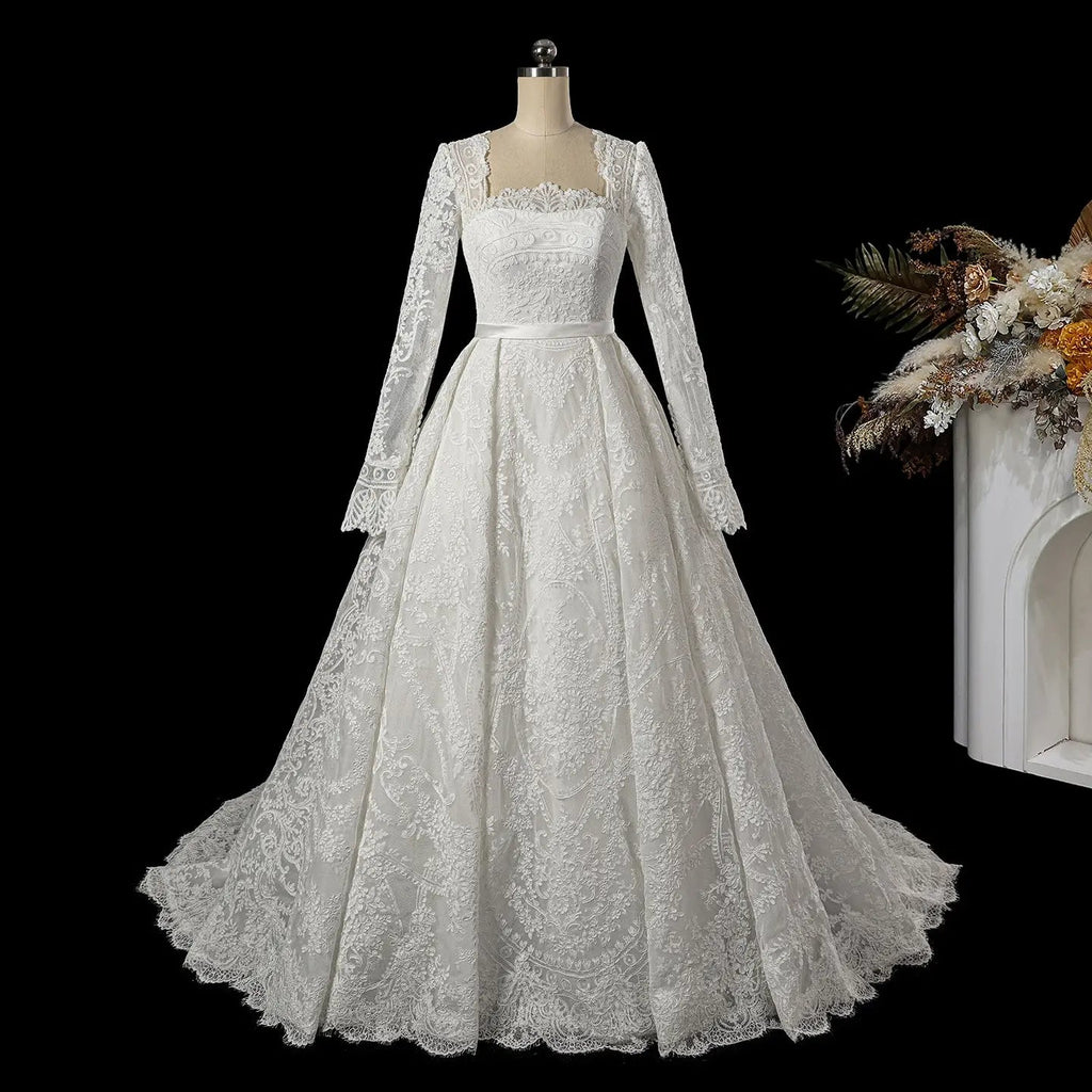 Luxury White Lace Long Sleeve Square Neck Wedding Dress with Veil SW533
