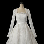 Luxury White Lace Long Sleeve Square Neck Wedding Dress with Veil SW533