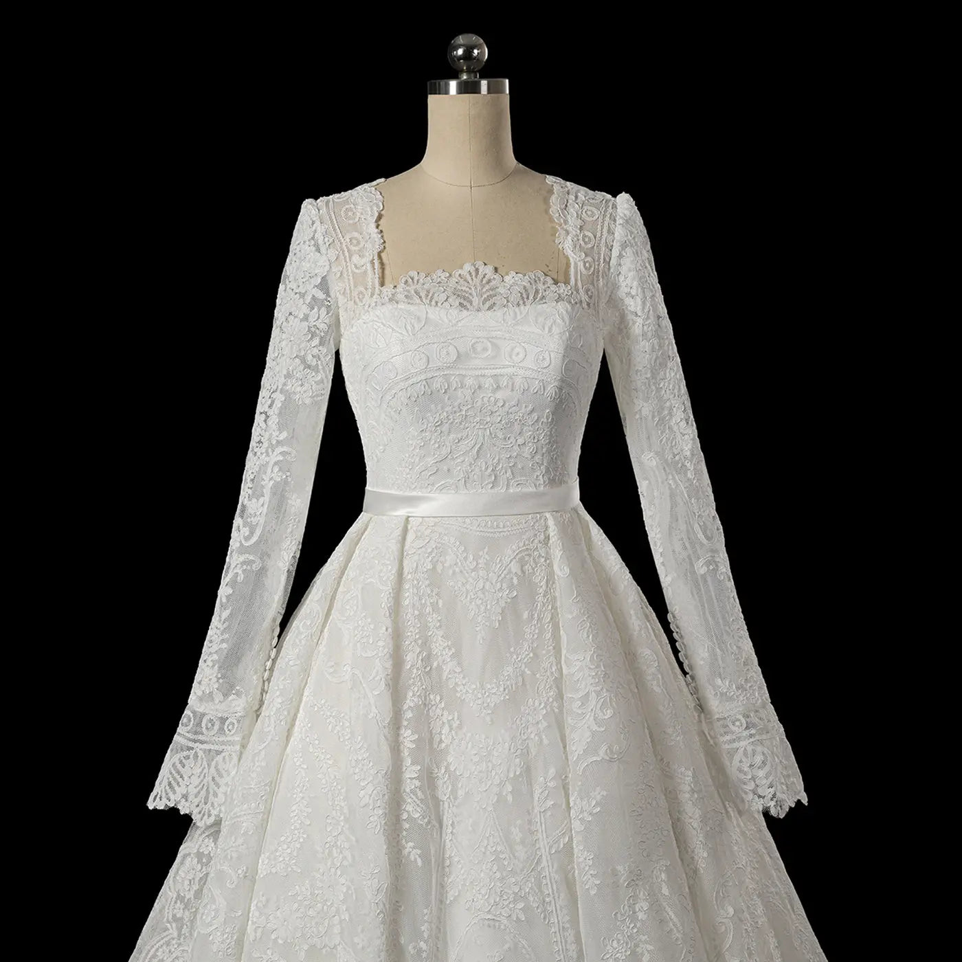 Luxury White Lace Long Sleeve Square Neck Wedding Dress with Veil SW533