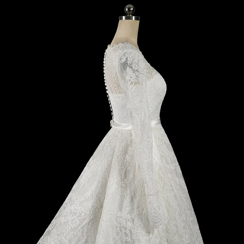 Luxury White Lace Long Sleeve Square Neck Wedding Dress with Veil SW533