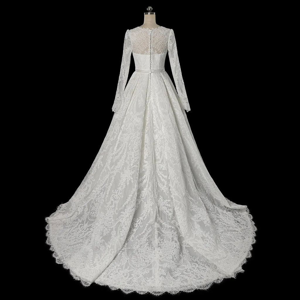 Luxury White Lace Long Sleeve Square Neck Wedding Dress with Veil SW533