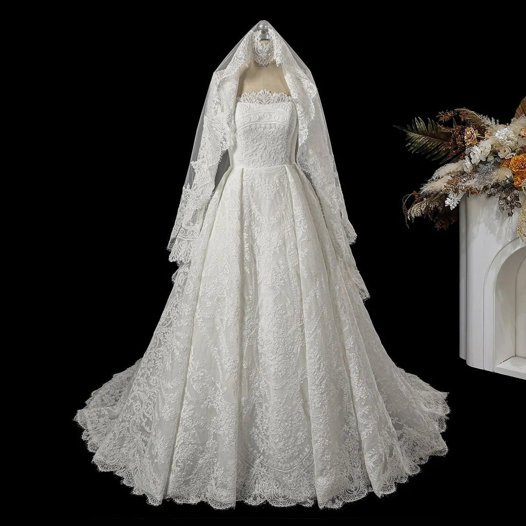 Luxury White Lace Long Sleeve Square Neck Wedding Dress with Veil SW533