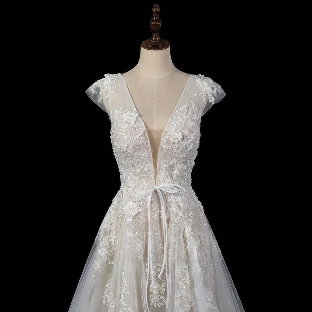 Elegant Ivory V-Neck Cap Sleeve A-Line Lace Tulle Wedding Dress SW711