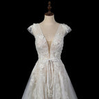 Elegant Ivory V-Neck Cap Sleeve A-Line Lace Tulle Wedding Dress SW711