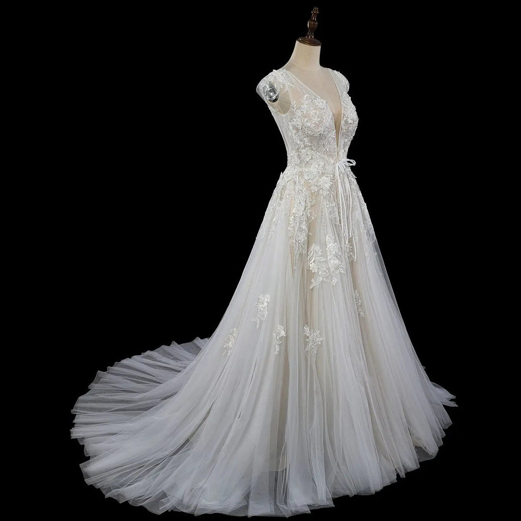 Elegant Ivory V-Neck Cap Sleeve A-Line Lace Tulle Wedding Dress SW711