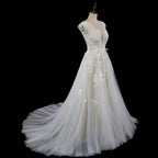 Elegant Ivory V-Neck Cap Sleeve A-Line Lace Tulle Wedding Dress SW711