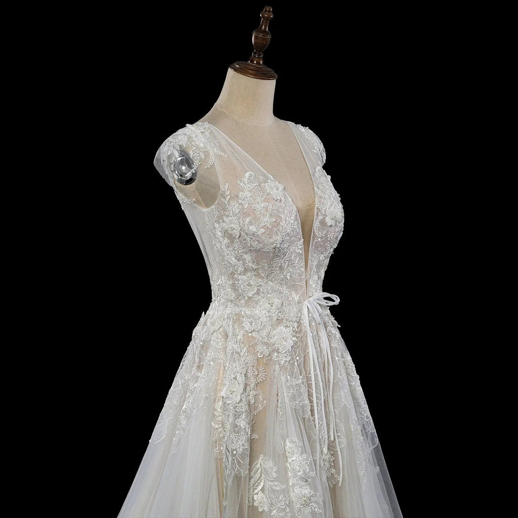 Elegant Ivory V-Neck Cap Sleeve A-Line Lace Tulle Wedding Dress SW711
