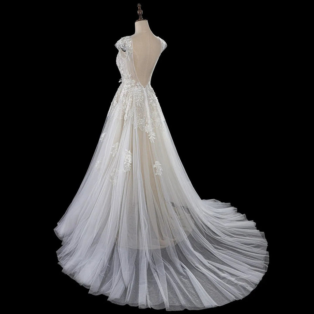 Elegant Ivory V-Neck Cap Sleeve A-Line Lace Tulle Wedding Dress SW711