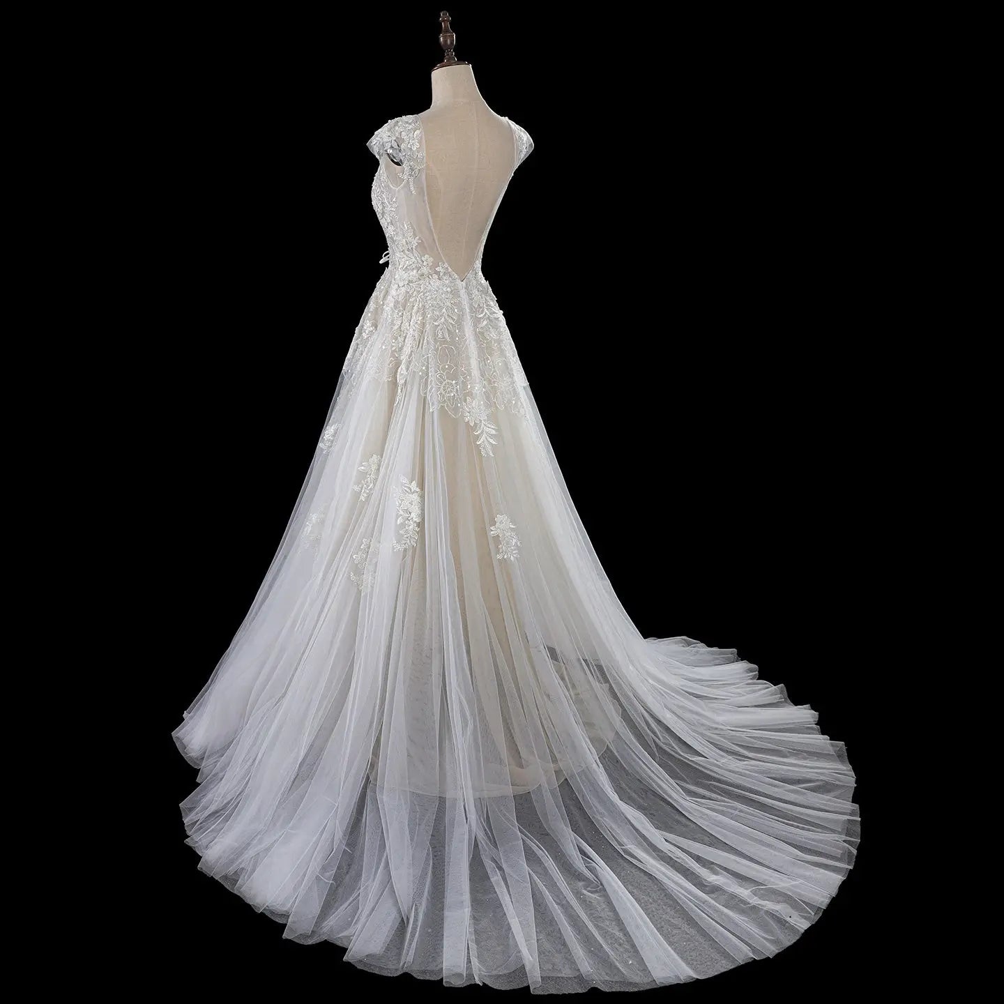 Elegant Ivory V-Neck Cap Sleeve A-Line Lace Tulle Wedding Dress SW711