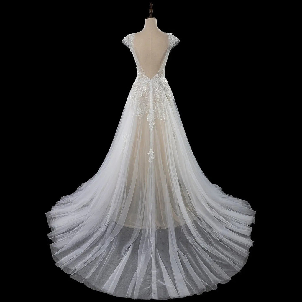 Elegant Ivory V-Neck Cap Sleeve A-Line Lace Tulle Wedding Dress SW711