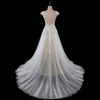 Elegant Ivory V-Neck Cap Sleeve A-Line Lace Tulle Wedding Dress SW711