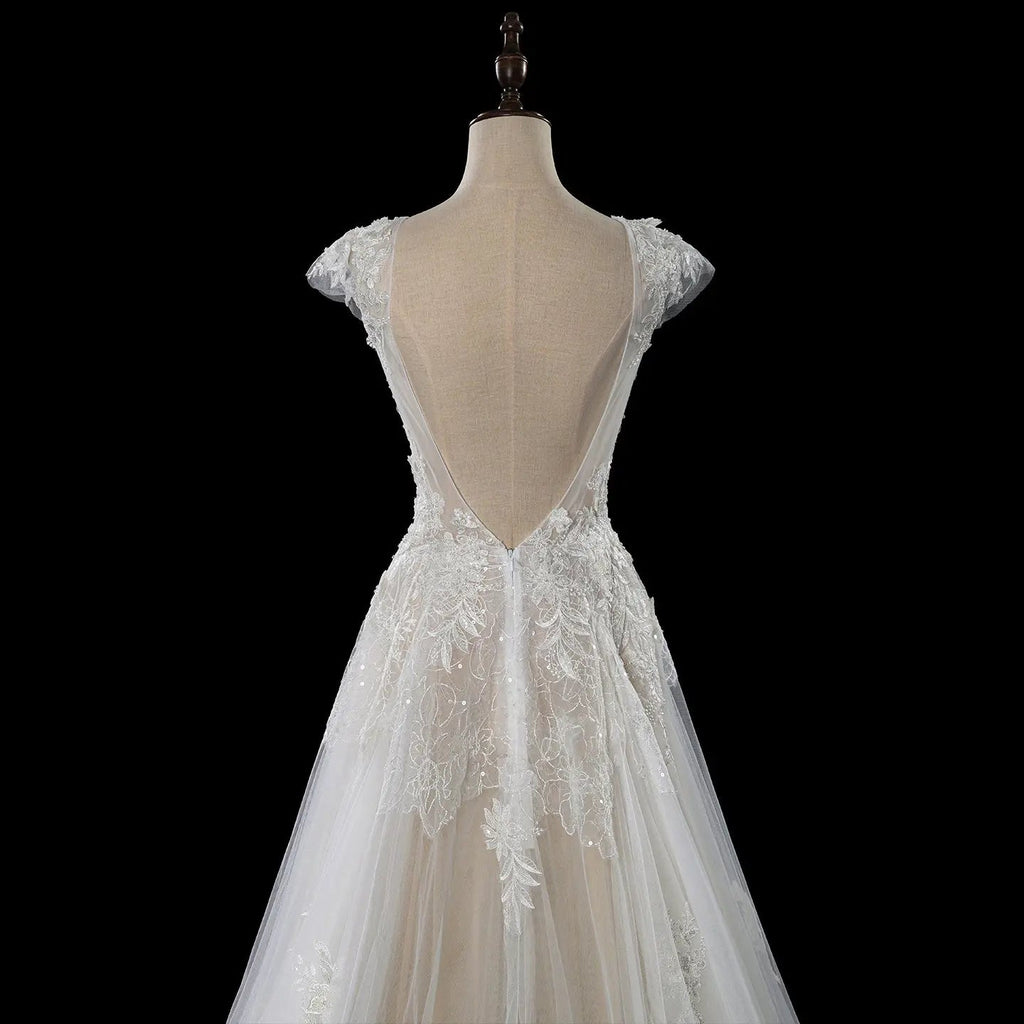 Elegant Ivory V-Neck Cap Sleeve A-Line Lace Tulle Wedding Dress SW711